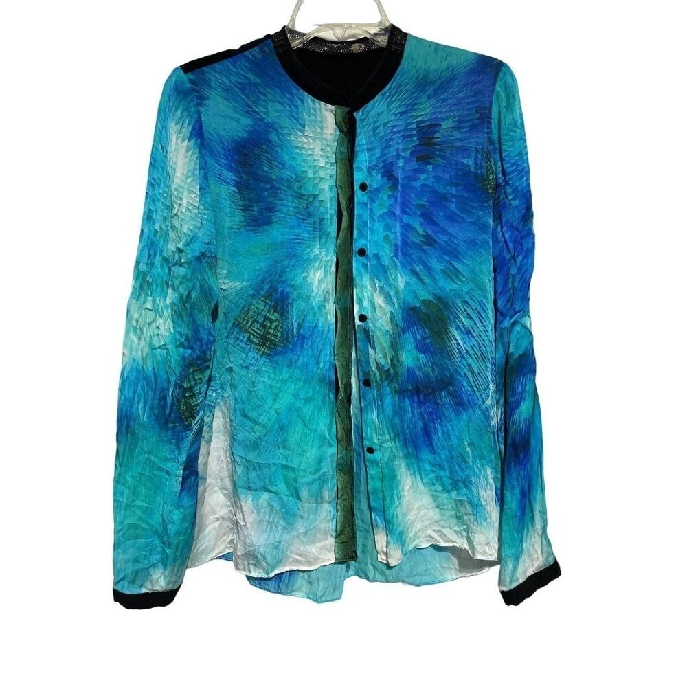 Elie Tahari Womens‎ Blue Green Abstract Silk Mesh Trim Button Front Blouse S